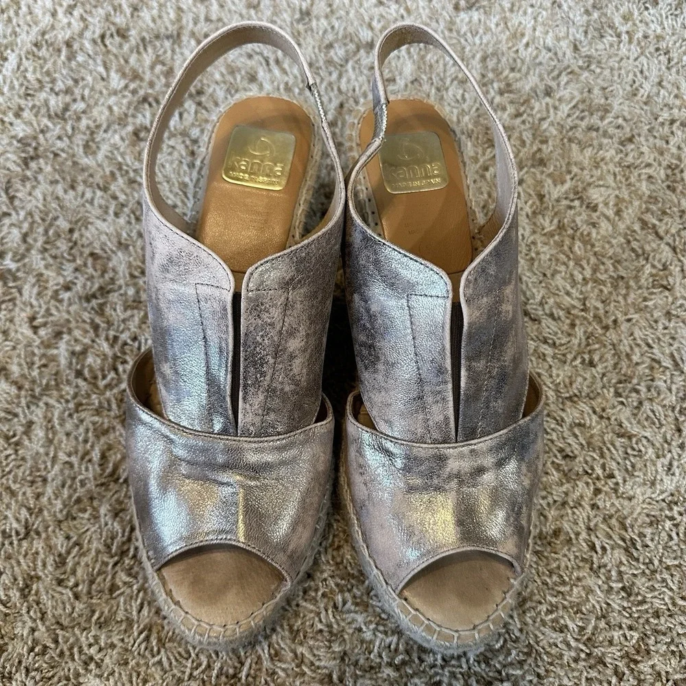Kanna Leather‎ Sling Back Wedge Espadrilles Sandals Size 40/10 Metallic Gold